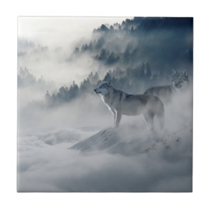 Majestic Wölfe im Waldnebel Fliese