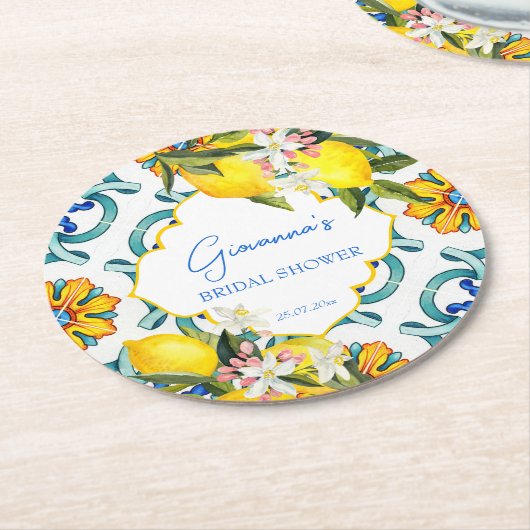 Majolica Fliesen Zitronen Brautparty bevorzugt Runder Pappuntersetzer (Angewinkelt)