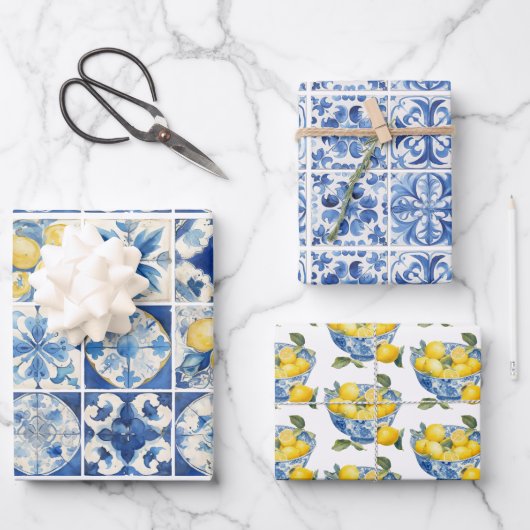 Majolica Tiles Blue Lemons Amalfi Italien 1 Geschenkpapier Set (Vorderseite)
