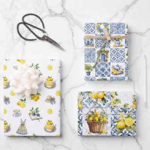 Majolica Tiles Blue Lemons Amalfi Italien 2 Geschenkpapier Set