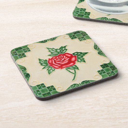 Majolica Vintage Rote Rose Blumendekoration Tile Getränkeuntersetzer (Linke Seite)