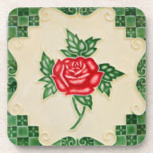 Majolica Vintage Rote Rose Blumendekoration Tile Getränkeuntersetzer (Vorderseite)