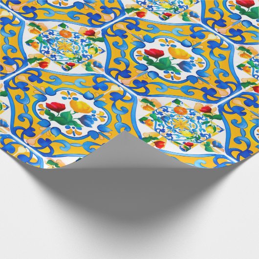 Majolika, Zitrone, sizilianische Fliesen, Geschenkpapier (Ecke)