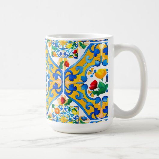 Majolika, Zitrone, sizilianische Fliesen, Kaffeetasse (Rechts)