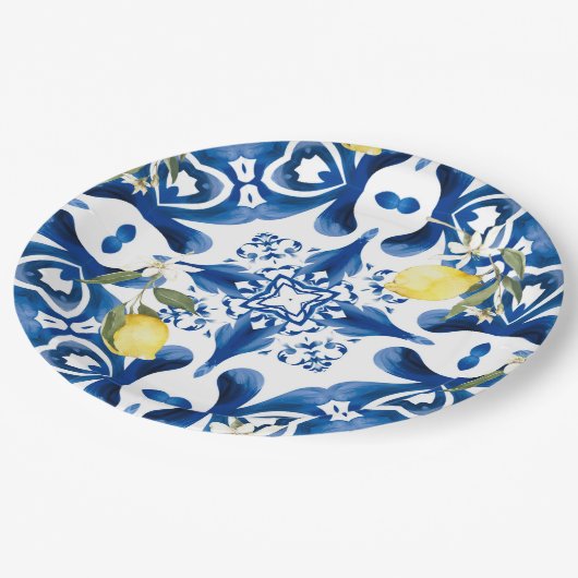 Majolika, Zitrone, sizilianische Fliesen, Keramik Pappteller (Schrägansicht)