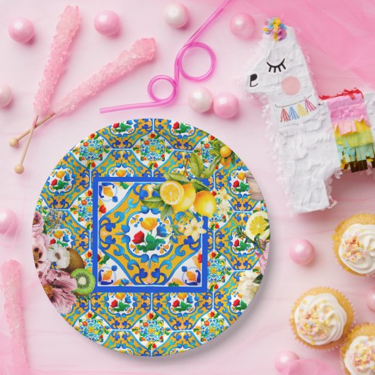 Majolika, Zitrone, sizilianische Fliesen, Pappteller (Party)