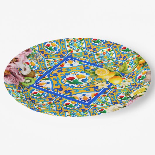 Majolika, Zitrone, sizilianische Fliesen, Pappteller (Schrägansicht)