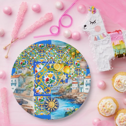 Majolika, Zitrone, sizilianische Fliesen, Pappteller (Party)