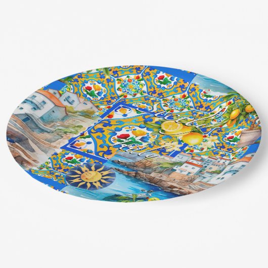 Majolika, Zitrone, sizilianische Fliesen, Pappteller (Schrägansicht)