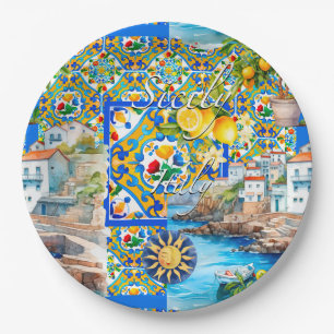 Majolika, Zitrone, sizilianische Fliesen, Pappteller