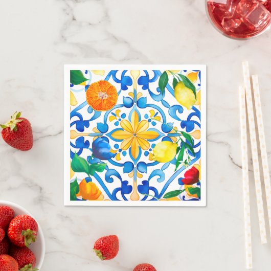 Majolika, Zitrone, sizilianische Fliesen, Serviette (Beispiel)