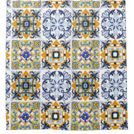 Majolika, Zitronen, sizilianische Fliesen   Duschvorhang