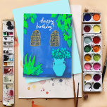 Majorelle Gardens Blue La Jardin HAPPY BIRTHDAY Postkarte<br><div class="desc">Hübsche,  blaue Wände und farbenfrohe Pflanze,  die von mir für Sie handgezeichnet werden! Werfen Sie einen Blick in meinen Shop für mehr!</div>