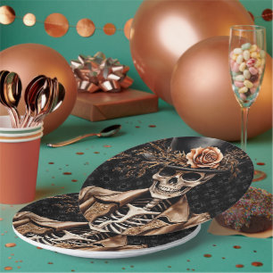 Makabre Orange & Lila Wasserfarbe Skelett Pappteller