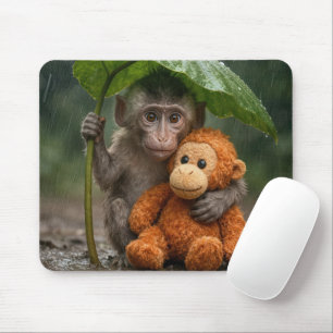Makaken-Affe mit einem gestopften Orang-Utan Mousepad