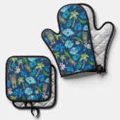 Makapuu Beach Hawaiian Batik Navy Ofenhandschuh & Topflappen-Set (Vorderseite/Rückseite)