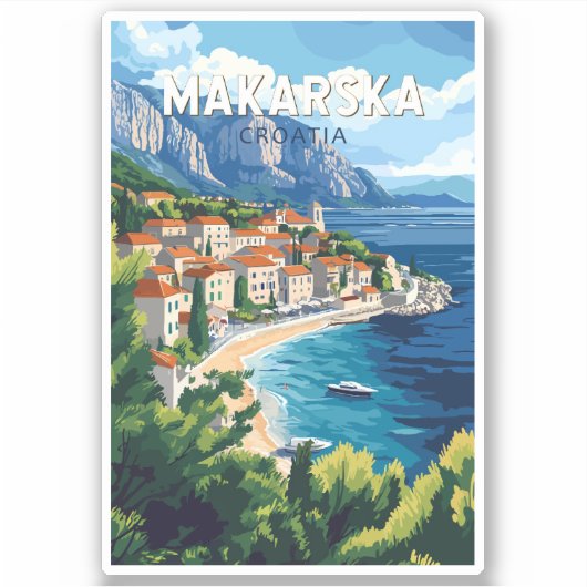 Makarska Croatia Illustration Reisen Vintag Aufkleber (Vorderseite)