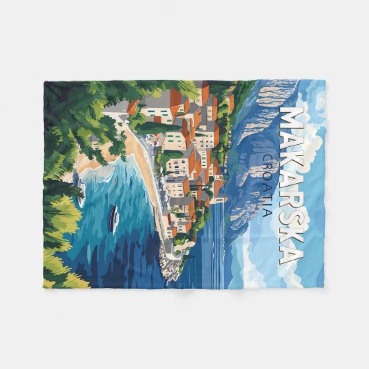 Makarska Croatia Illustration Reisen Vintag Fleecedecke (Vorderseite (Horizontal))