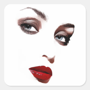 Make eup Beauty Frauen sehen blauen Augen rote Lip Quadratischer Aufkleber