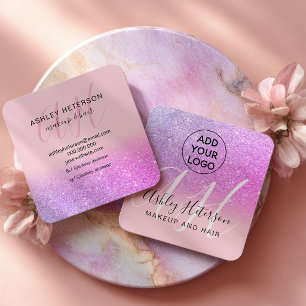 Make-up Pink lila Glitter-Logo-Monogramm Quadratische Visitenkarte
