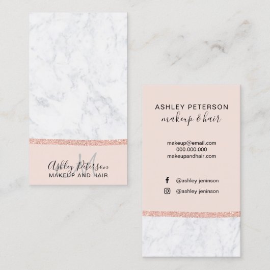 Make-uperröten MarmorRosengoldGlittermonogramm Visitenkarte (Vorne/Hinten)