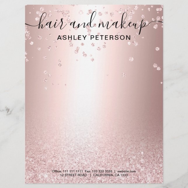Make-uphaar-RosengoldGlitter metallischer Confetti Briefbogen (Vorderseite)