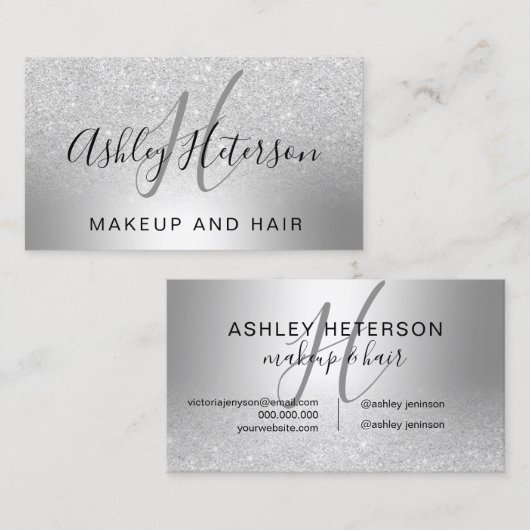 Make-upmonogrammskript-Silber-Glitter metallisch Visitenkarte (Vorne/Hinten)