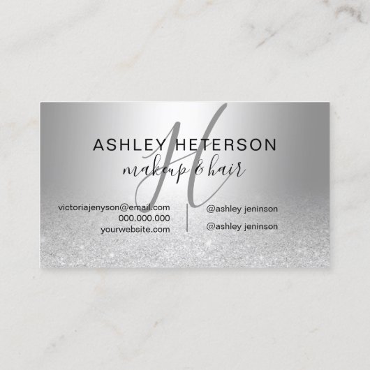 Make-upmonogrammskript-Silber-Glitter metallisch Visitenkarte (Rückseite)