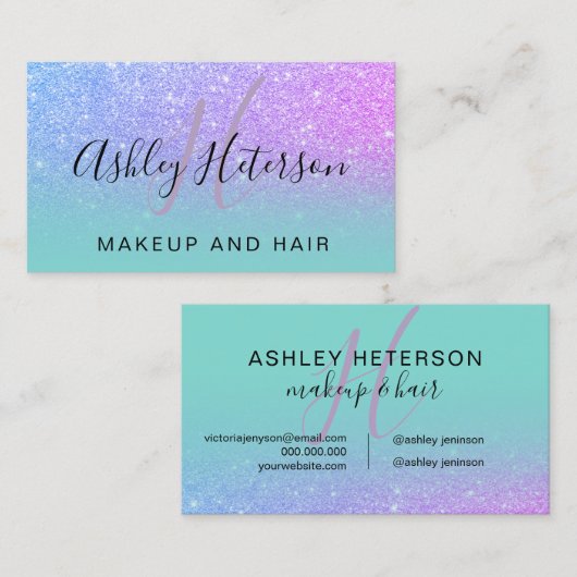 Make-upmonogrammtürkisrosa-Glitterskript Visitenkarte (Vorne/Hinten)