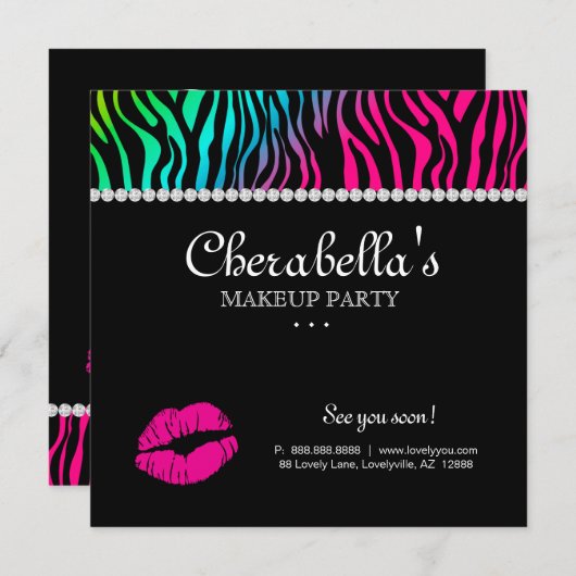 Make-upParty Einladungzebra-Regenbogen-Schmuck Einladung (Vorne/Hinten)