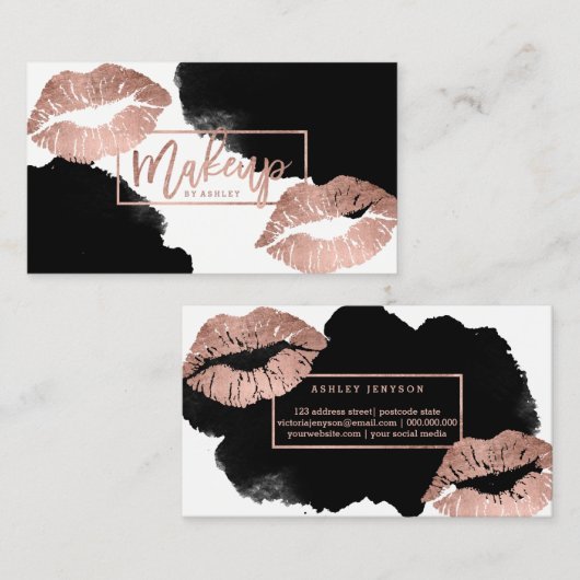 Make-uptypographielippenRosengoldschwarzes Visitenkarte (Vorne/Hinten)