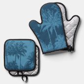 Makena Beach Hawaiian Sketchy Palms Blue Ofenhandschuh & Topflappen-Set (Vorderseite/Rückseite)