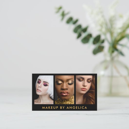 Makeup Artist 3 Foto Gold Visitenkarte (Stehend Vorderseite)