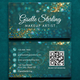 Makeup Artist Aquamarin Gold Glitzer Opal QR Code Visitenkarte