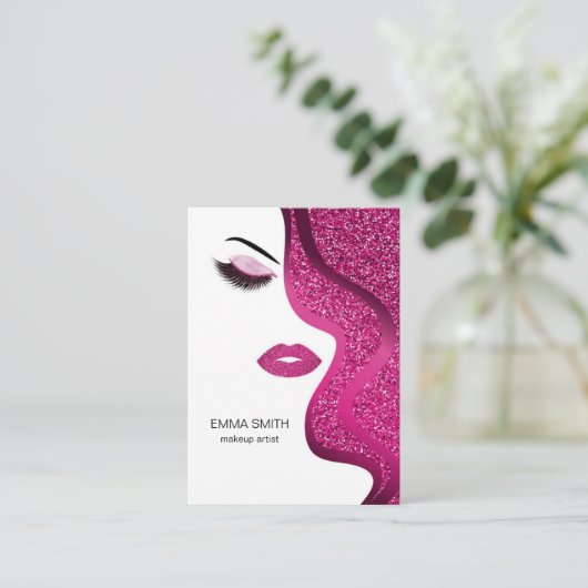 Makeup Artist Beauty Salon Dunkelrosa Glitzer Visitenkarte (Stehend Vorderseite)