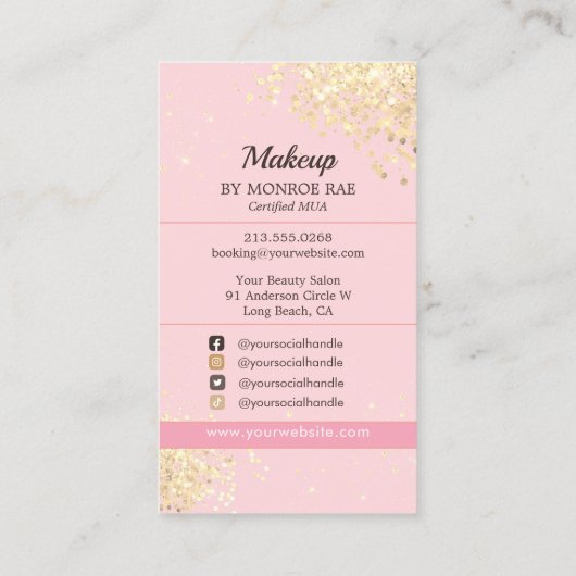 Makeup Artist Beauty Salon Glam Pink Gold Glitzer Visitenkarte (Rückseite)