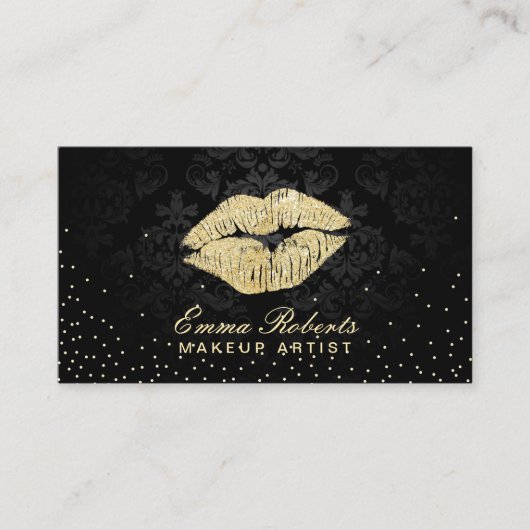 Makeup Artist Beauty Salon Gold Kiss Black Damask Visitenkarte (Vorderseite)