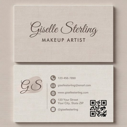 Makeup Artist Beige Linen Modern Elegant QR Code Visitenkarte