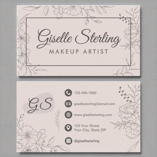 Makeup Artist Blush Pink Floral Line Art Script Visitenkarte