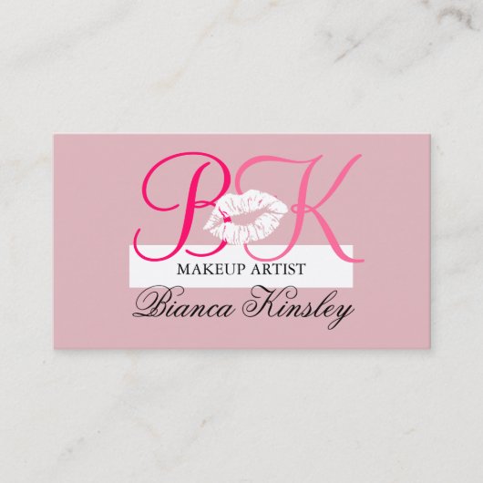 Makeup Artist Business Card Pink Initial Monogram Visitenkarte (Vorderseite)