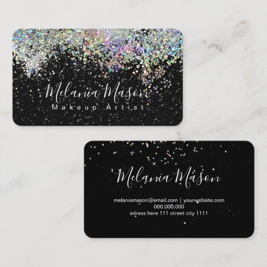 Makeup Artist Elegant Holographyc Glitzer Black Visitenkarte (Vorne/Hinten)