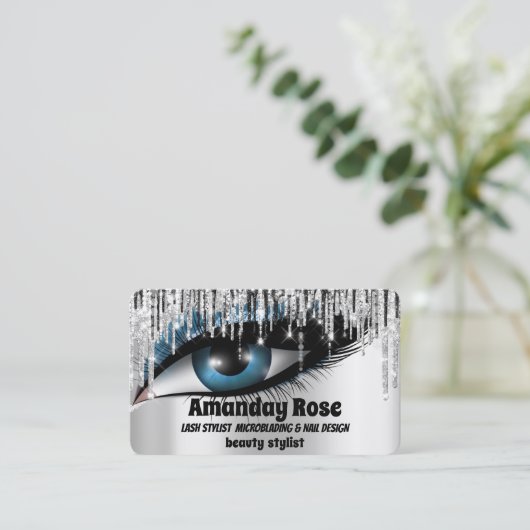 Makeup Artist Eyebrows Lashes Silver Tropfen Visitenkarte (Stehend Vorderseite)