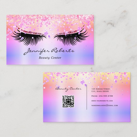 Makeup Artist Eyelash Holographic Glitzer QR Pink Visitenkarte (Vorne/Hinten)