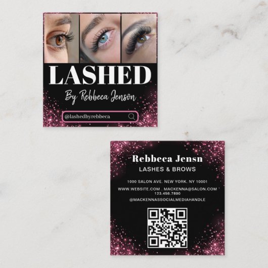 Makeup Artist Eyelash Lashes Pink Glitter script  Quadratische Visitenkarte (Vorne/Hinten)