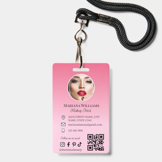 Makeup artist Foto qr Code rosa kleine Unternehmen Ausweis (Vorderseite mit Lanyard)
