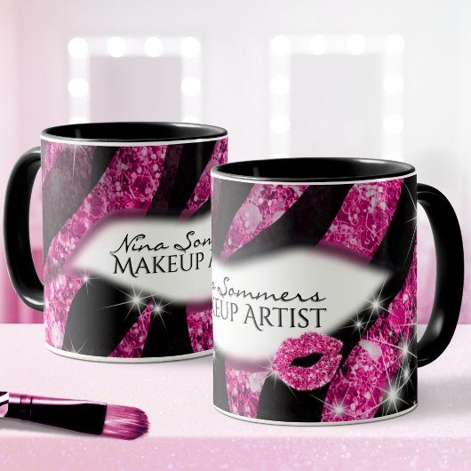 Makeup Artist Glam Pink Glitzer Lips Zebra Print Tasse