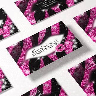 Makeup Artist Glam Pink Glitzer Lips Zebra Print Visitenkarte