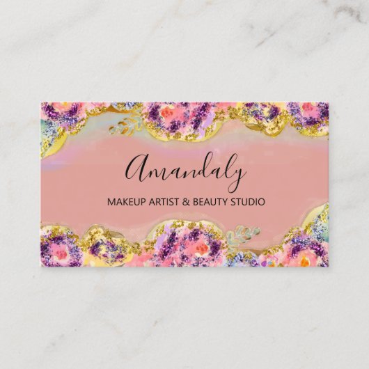 Makeup Artist Glitzer Gold Kosmetik Floral Visitenkarte (Vorderseite)