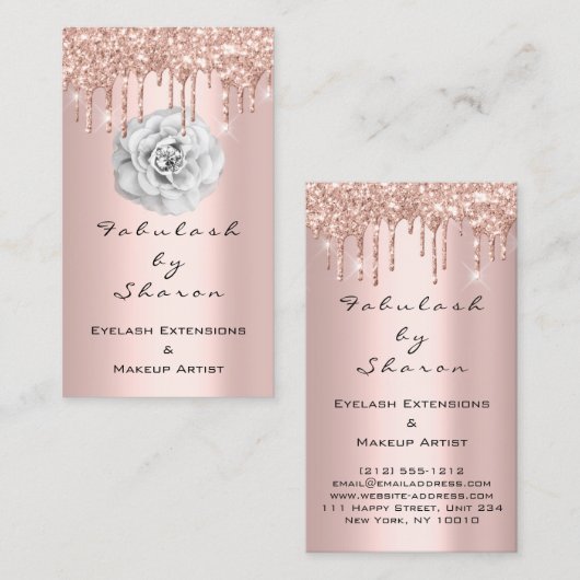 Makeup Artist Glitzer Tropfen Rose Diamond White Visitenkarte (Vorne/Hinten)