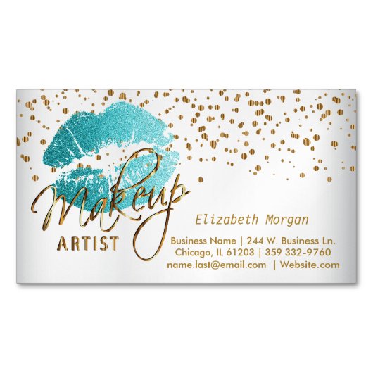 Makeup Artist - Gold Confetti & Aquamarin Lips - S Magnetische Visitenkarte (Vorderseite)